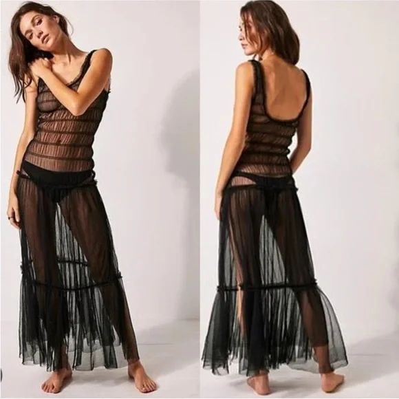 FP Intimately Black Mesh Tulle Ruched Maxi Dress - Picture 1 of 12